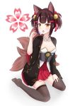  1girl absurdres akagi-chan_(azur_lane) animal_ears azur_lane bell black_kimono black_legwear blush boppin breasts brown_hair candy eating floral_print food fox_ears fox_girl full_body hair_bell hair_between_eyes hair_ornament hakama_skirt hand_on_own_thigh hand_up highres holding holding_candy holding_food holding_lollipop japanese_clothes kimono kitsune legs lollipop looking_at_viewer multiple_tails pleated_skirt red_eyes red_skirt short_hair skirt small_breasts solo tail thighhighs thighs tongue tongue_out twintails 