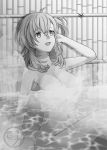  1girl bathing breasts collarbone convenient_censoring greyscale highres ittokyu kantai_collection long_hair monochrome navel nude one_side_up onsen open_mouth smile suzutsuki_(kantai_collection) water watermark 