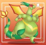  2019 absurd_res anthro belly big_belly breasts dynelle_(flamestar) female flygon green_body hi_res nintendo orange_background overweight overweight_anthro overweight_female pok&eacute;mon pok&eacute;mon_(species) red_eyes shelbytheslug simple_background solo video_games weight_gain wings 