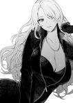  1girl amano_don bangs black_gloves breasts cleavage gloves greyscale hair_over_one_eye high_collar highres jewelry juusan_kihei_bouei_ken large_breasts long_hair looking_to_the_side monochrome morimura_chihiro necklace parted_lips unzipped white_background zipper zipper_pull_tab 