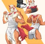  1boy ? abs animal_ears arknights ass bangs bara bare_arms bare_pecs bare_shoulders black_shirt brown_fur bulge character_request chest_hair collage cropped_legs dog_boy dog_ears dog_tail feet_out_of_frame furry highres horns hung_(arknights) male_focus mao_ten_go medium_hair multicolored_hair multiple_views muscle navel nipples orange_eyes orange_hair pectorals shirt shirt_pull simple_background single_horn sleeveless sleeveless_shirt streaked_hair tagme tail tank_top thick_thighs thighs two-tone_fur white_fur white_hair white_tank_top 
