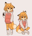  accessory anthro boots bottomwear canid canine cellphone clothed clothing crossed_legs female footwear fox fur hair hair_accessory hairclip holding_object holding_phone hoodie kemono looking_aside looking_at_viewer mammal orange_body orange_fur orange_hair phone s1120411 shizuku_(yagi) shorts simple_background sitting solo standing tan_background topwear 