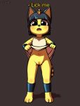  2020 absurd_res animal_crossing ankha_(animal_crossing) anthro clothed clothing clothing_lift dialogue domestic_cat dress dress_lift e254e egyptian english_text felid feline felis female front_view full-length_portrait genitals hi_res looking_at_viewer mammal navel nintendo no_underwear portrait presenting presenting_pussy pussy solo standing talking_to_viewer text video_games yellow_body 