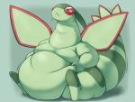  2018 4:3 ambiguous_gender belly big_belly blush flygon green_body hand_on_stomach nintendo obese obese_ambiguous overweight overweight_ambiguous pok&eacute;mon pok&eacute;mon_(species) red_eyes simple_background sitting solo video_games wings x_no_na_x yosioka_san 
