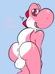  3:4 anthro balls butt digital_media_(artwork) dinosaur genitals hi_res larrykitty looking_at_viewer male mario_bros nintendo open_mouth pink_body pink_yoshi reptile scalie simple_background solo video_games yoshi 