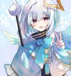  1girl :d amane_kanata bangs blue_background blue_bow blue_hair bow commentary_request cyawa eyebrows_visible_through_hair feathered_wings hair_between_eyes hand_up high_collar highres hololive jacket long_sleeves looking_at_viewer multicolored_hair open_mouth purple_eyes silver_hair sleeves_past_fingers sleeves_past_wrists smile solo sparkle two-tone_hair upper_body virtual_youtuber w white_jacket white_wings wings 