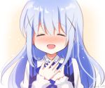  1girl bangs blue_hair blush commentary_request full-face_blush gochuumon_wa_usagi_desu_ka? hair_ornament hands_on_own_chest happy_tears kafuu_chino long_hair mozukun43 open_mouth rabbit_house_uniform shiny shiny_hair smile solo tears white_background x_hair_ornament 