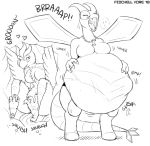  2018 after_vore anthro avian belly big_belly breasts burping duo dynelle_(flamestar) english_text female female_pred fidchellvore flygon hand_on_stomach internal monochrome nintendo overweight pok&eacute;mon pok&eacute;mon_(species) simple_background text video_games vore white_background wings 