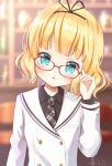  1girl aqua_eyes bangs bespectacled black_ribbon black_shirt blonde_hair blunt_bangs blurry blurry_background blush buttons collared_shirt commentary_request eyebrows_visible_through_hair glasses gochuumon_wa_usagi_desu_ka? grey_neckwear hair_ribbon kirima_sharo long_sleeves looking_at_viewer mozukun43 necktie open_mouth plaid_neckwear red-framed_eyewear ribbon school_uniform shirt short_hair solo tedeza_rize&#039;s_school_uniform twitter_username upper_body wavy_hair white_neckwear 