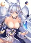  1girl animal_ear_fluff animal_ears azur_lane bare_shoulders blue_butterfly blue_collar blue_eyes blue_kimono breasts cleavage collar fox_ears fox_girl highres japanese_clothes kikumon kimono kitsune kyuubi large_breasts large_tail long_hair looking_to_the_side moon_phases multiple_tails off-shoulder_kimono off_shoulder shimotsuki_shio shinano_(azur_lane) simple_background skirt skirt_under_kimono solo tail thighhighs very_long_hair white_background white_hair white_legwear white_skirt white_tail wide_sleeves zettai_ryouiki 
