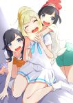  3girls absurdres anniversary backlighting barefoot black_hair blonde_hair blue_eyes blush braid closed_eyes collarbone commentary happy head_tilt highres hug hug_from_behind leaning_forward lillie_(pokemon) long_hair looking_at_viewer multiple_girls negimiso1989 on_bed open_mouth pokemon pokemon_(game) pokemon_sm pokemon_usum ponytail selene_(pokemon) shirt short_hair shorts sitting sketch skirt sleeveless sleeveless_shirt socks spaghetti_strap tied_shirt twin_braids wariza 