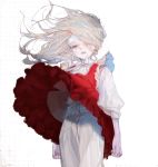  1girl blue_eyes cowboy_shot dress dress_lift frilled_dress frills highres long_hair looking_at_viewer original parted_lips red_dress simple_background solo syalgu symbol_commentary white_background white_hair wind wind_lift 