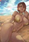  1girl bare_shoulders beach bikini brown_eyes brown_hair dark_skin dead_or_alive highres light_smile lips lisa_hamilton looking_at_viewer lying navel on_side patreon_username red_eyes sand shexyo solo swimsuit thick_thighs thighs 