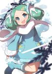  1girl absurdres blue_coat blue_eyes blue_footwear blush boots coat commentary_request eyelashes fingernails floating_scarf gen_3_pokemon green_hair hair_ornament head_tilt highres legendary_pokemon long_sleeves looking_at_viewer open_mouth personification pokemon pokemon_(creature) regice scarf sleeves_past_wrists smile snowflakes solo taisa_(lovemokunae) white_scarf 
