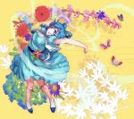  1girl :d absurdres aqua_dress arms_up blue_eyes blue_footwear blue_hair branch breasts bug butterfly cleavage commentary_request dress floral_background floral_print flower full_body hagoromo hair_between_eyes hair_ornament hair_rings hair_stick highres insect k2pudding kaku_seiga knees_together_feet_apart leaf leg_ribbon looking_at_viewer medium_breasts ofuda open_mouth puffy_short_sleeves puffy_sleeves ribbon shawl short_hair short_sleeves smile socks solo touhou twisted_torso upper_teeth vest white_vest yellow_background 