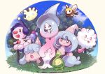  :&gt; :d budew closed_mouth commentary_request flying fukaya_miku gen_4_pokemon gen_6_pokemon gen_7_pokemon gen_8_pokemon grass hatenna hatterene hattrem milcery mime_jr. night open_mouth outdoors pokemon pokemon_(creature) ribombee sky smile star_(sky) swirlix tongue tree 