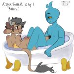  1:1 2020 ambiguous_gender anthro bath bathing bathtub big_tail biped blue_body blue_fur blush bovid bovine breasts broken_horn brown_body brown_fur bubble bubble_bath cattle chest_tuft digital_media_(artwork) duo female fur hair head_tuft hi_res hooves horn humanoid kinktober kinktober_2020 mammal manitka manitka_(character) maxwell_(voiidinspace) nails nipples nonbinary_(lore) nude orange_eyes partially_submerged rubber_duck signature simple_background small_breasts smile text tongue tuft unknown_species water wet 