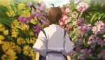  1boy ahoge brown_hair commentary cosplay criis-chan danganronpa day english_commentary facing_away flower from_behind haku_(sen_to_chihiro_no_kamikakushi) haku_(sen_to_chihiro_no_kamikakushi)_(cosplay) hinata_hajime male_focus outdoors pink_flower sen_to_chihiro_no_kamikakushi shirt short_hair sleeves_past_elbows solo spiked_hair super_danganronpa_2 twitter_username upper_body white_shirt yellow_flower 