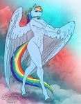  anthro artwork_(digital) cloud commission_art digital_drawing_(artwork) digital_media_(artwork) equid equine feathers female friendship_is_magic hasbro hi_res mammal morning muscular muscular_anthro muscular_female my_little_pony nude pegasus pinup pose rainbow_dash_(mlp) sketch sky solo sunny_way warmup wings 