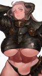  1girl absurdres breasts brown_hair commentary_request highres horns ibuo_(ibukht1015) large_breasts lips long_hair midriff navel original red_eyes signature simple_background skindentation solo thick_eyebrows underboob 