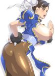  1girl blue_dress blush bracelet breasts breasts_outside brown_eyes brown_hair brown_legwear bun_cover china_dress chinese_clothes chun-li commentary_request double_bun dress eyeshadow fighting_stance from_side hand_on_hip highres jewelry kotoyoshi_yumisuke large_breasts makeup nipples open_mouth pantyhose pelvic_curtain puffy_short_sleeves puffy_sleeves sash short_sleeves side_slit signature spiked_bracelet spikes street_fighter thick_thighs thighs 
