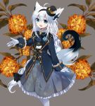  1girl :d ahoge animal_ear_fluff animal_ears bangs black_hairband black_headwear black_jacket black_vest blue_bow blue_flower blue_rose bow braid brown_flower collared_shirt cyawa eyebrows_visible_through_hair flower fox_ears fox_girl fox_tail frilled_skirt frills gloves green_eyes grey_background grey_skirt hair_between_eyes hairband hat highres hololive jacket long_hair long_sleeves looking_at_viewer mini_hat mini_top_hat open_mouth pantyhose pleated_skirt rose shirakami_fubuki shirt silver_hair simple_background skirt smile solo tail tail_raised tilted_headwear top_hat very_long_hair vest virtual_youtuber white_gloves white_legwear white_shirt 