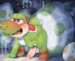  &lt;3 &lt;3_eyes blush bodily_fluids clothing egg footwear foreskin genitals hi_res humanoid_genitalia humanoid_penis japanese_text male mario_bros nintendo penis reptile scalie shoes simple_background solo sweat syuro tears text translation_request uncut video_games yoshi 
