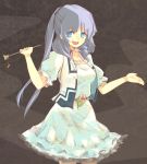  1girl :d alternate_hairstyle aqua_dress belt blue_eyes blue_hair blush bracelet breasts bright_pupils brown_background collarbone commentary_request cowboy_shot dress drill_hair eyebrows_visible_through_hair flower hair_ornament hair_stick holding holding_stick jewelry kaku_seiga looking_at_viewer medium_breasts medium_hair open_clothes open_mouth open_vest petticoat puffy_short_sleeves puffy_sleeves short_sleeves simple_background smile solo standing stick suisa touhou vest 