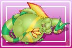  2019 abdominal_bulge after_vore anthro belly big_belly breasts claws duo dynelle_(flamestar) female flygon green_body hi_res nintendo overweight pink_background pok&eacute;mon pok&eacute;mon_(species) red_eyes shelbytheslug simple_background video_games vore wings 