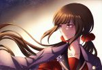  1girl bangs blunt_bangs blush brown_hair closed_mouth collarbone criis-chan danganronpa floating_hair hair_ornament hair_scrunchie harukawa_maki jacket jacket_on_shoulders light_smile long_hair long_neck looking_to_the_side low_twintails mole mole_under_eye new_danganronpa_v3 pink_jacket red_eyes red_scrunchie red_shirt school_uniform scrunchie serafuku shiny shiny_hair shirt solo space_print star_(sky) starry_sky_print twintails twitter_username upper_body very_long_hair watermark web_address 