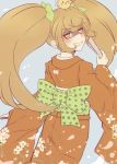  &gt;_&lt; 1girl bangs bird blonde_hair bow cowboy_shot criis-chan danganronpa evil_smile fan floral_print folding_fan from_behind green_bow grin hair_bow hair_ornament hand_up holding holding_fan japanese_clothes kimono large_bow long_hair looking_at_viewer looking_back obi orange_kimono print_kimono saionji_hiyoko sash shaded_face sleeves_past_wrists smile super_danganronpa_2 twintails 