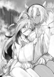  2girls ahoge between_breasts breasts dark_skin glasses greyscale hair_between_eyes headgear highres ittokyu japanese_clothes kantai_collection kiyoshimo_(kantai_collection) large_breasts long_hair low_twintails monochrome multiple_girls musashi_(kantai_collection) onsen pointy_hair semi-rimless_eyewear short_hair_with_long_locks twintails two_side_up very_long_hair watermark 