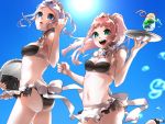  2girls alternate_costume bangs bare_shoulders bikini breasts cleavage felicia_(fire_emblem) fire_emblem fire_emblem_fates fire_emblem_heroes flora_(fire_emblem) looking_at_viewer maid maid_headdress medium_breasts melon_soda multiple_girls open_mouth outdoors satou_whitep sun sunlight swimsuit tray upper_body 