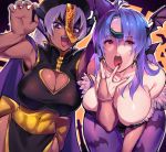  2girls animal_print arm_between_breasts armpits arms_up bat_print bat_wings between_breasts black_clothes breasts china_dress chinese_clothes cleavage cleavage_cutout clothing_cutout cosplay dress fangs finger_licking finger_to_mouth fingerless_gloves gloves halloween halloween_costume jiangshi jiangshi_costume leaning_forward licking martial_arts_belt multiple_girls negresco open_mouth pantyhose pelvic_curtain purple_eyes purple_hair red_eyes teeth tombstone wings xenosaga 