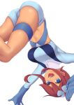  1girl :d absurdres ass bangs blue_eyes bodysuit breasts hair_bun hair_ornament hair_scrunchie hands_up highres large_breasts open_mouth pokemon pokemon_(game) pokemon_bw prophecy_(rakuichimonji) red_hair scrunchie sidelocks simple_background skyla_(pokemon) smile solo stomach tan thigh_strap thighs upside-down white_background 