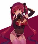 1girl :d arm_up bangs bare_shoulders black_gloves black_leotard black_ribbon blunt_bangs blush breasts chan_co cleavage corset covered_navel cropped_vest elbow_gloves eyebrows_visible_through_hair garter_belt gem gloves grin hair_ribbon hand_on_own_chest heterochromia highres hololive houshou_marine leotard leotard_under_clothes long_hair looking_at_viewer medium_breasts mouth_hold open_mouth pink_legwear purple_hair red_eyes red_vest ribbon sapphire_(gemstone) sitting smile solo teeth thighhighs twintails two-tone_background very_long_hair vest virtual_youtuber yellow_eyes 