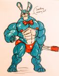  animatronic anthro big_muscles blue_body blue_fur bow_tie bulge clothing five_nights_at_freddy&#039;s five_nights_at_freddy&#039;s_2 fur hi_res huge_muscles lagomorph leporid machine male male/male mammal muscular muscular_male nipples rabbit red_clothing red_nipples red_thong robot solo speech_bubble thong toy_bonnie_(fnaf) underwear uniparasite video_games 