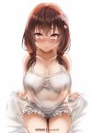  1girl bangs bare_shoulders blush breasts brown_hair camisole cleavage collarbone covered_navel flower hair_flower hair_ornament highres jewelry kono_subarashii_sekai_ni_shukufuku_wo! large_breasts long_hair looking_at_viewer low_twintails necklace red_eyes sitting thighs twintails white_background white_camisole yunyun_(konosuba) zasshu 