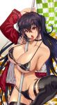  1girl azur_lane bangs between_breasts bikini black_bikini black_choker black_hair blush breasts checkered checkered_flag choker cleavage crossed_bangs duplicate eyebrows_visible_through_hair eyewear_on_head flag highleg highleg_bikini highres huge_breasts jacket large_breasts leg_up long_hair looking_at_viewer multi-strapped_bikini multiple_straps off-shoulder_jacket open_mouth race_queen red_eyes red_jacket satou_daiji solo sunglasses swimsuit taihou_(azur_lane) taihou_(enraptured_companion)_(azur_lane) thigh_strap tongue tongue_out twintails 
