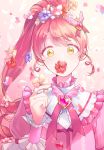  1girl commentary flower flower_in_mouth flower_request gem hair_flower hair_ornament heart heart_bow heart_hair_ornament high_ponytail highres holding holding_flower idol kani_aruki_(bucket_crawl) long_hair looking_at_viewer petals pretty_(series) pripara puffy_short_sleeves puffy_sleeves red_hair shiratama_mikan short_sleeves solo upper_body wing_hair_ornament wrist_cuffs yellow_eyes 