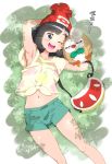  1girl armpits bag beanie black_hair blue_eyes bob_cut commentary commentary_request dappled_sunlight floral_print from_above gen_7_pokemon grass green_shorts handbag happy hat kousaka_jun lying midriff navel nose_bubble on_back open_mouth pokemon pokemon_(game) pokemon_sm rowlet selene_(pokemon) shirt short_hair shorts sleeping solo sunlight tied_shirt zzz 