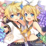  1boy 1girl arm_around_shoulder arm_warmers bangs bare_shoulders black_collar black_shorts blonde_hair blue_eyes bow brother_and_sister collar commentary crop_top date_pun dated good_twins_day hair_bow hair_ornament hairclip holding holding_pom_poms kagamine_len kagamine_rin leeannpippisum looking_at_viewer midriff navel neckerchief necktie number_pun open_mouth pom_poms sailor_collar school_uniform shirt short_hair short_ponytail short_sleeves shorts siblings side-by-side sleeveless sleeveless_shirt smile spiked_hair swept_bangs twins twitter_username upper_body vocaloid white_bow white_shirt yellow_neckwear 