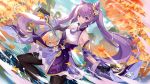  augu_(523764197) autumn genshin_impact keqing_(genshin_impact) leaves long_hair purple_hair sword twintails water weapon 