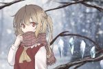  1girl bangs blonde_hair blurry blurry_background blush commentary_request depth_of_field eyebrows_visible_through_hair flandre_scarlet hair_between_eyes hand_up haruki_(colorful_macaron) long_sleeves looking_at_viewer no_hat no_headwear one_side_up outdoors red_eyes red_vest scarf scarf_over_mouth side_ponytail snow snowing solo touhou tree upper_body vest wings winter yellow_neckwear 