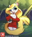  animaniacs anthro bedroom_eyes big_breasts breasts clothed clothing dress female forest hand_on_hip hi_res looking_at_viewer mammal minerva_mink mink mustelid musteline narrowed_eyes off_shoulder seductive siroc solo tail_hold text tree url warner_brothers 