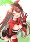  1girl ;d amber_(genshin_impact) blush bow breasts brown_hair cleavage genshin_impact gloves hair_bow hamikoron highres jacket long_hair looking_at_viewer one_eye_closed open_clothes open_jacket open_mouth pouch red_jacket shorts smile solo 