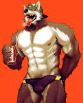  anthro armpit_hair beverage body_hair bulge canid canine canis clothing cola fan_character fur genital_outline grey_body grey_fur hat headgear headwear hi_res k0bit0wani male mammal penis_outline red_background simple_background soda solo tongue tongue_out underwear wolf 