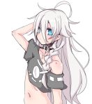  1girl bare_shoulders black_shirt blue_eyes breasts cevio commentary crop_top grey_hair hair_between_eyes hand_in_hair hand_up ia_(vocaloid) long_hair looking_at_viewer midriff miri_(miri_1m) navel off-shoulder_shirt off_shoulder shirt solo underboob upper_body very_long_hair vocaloid white_background 