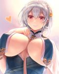  1girl absurdres azur_lane between_breasts breast_curtains breasts commentary_request eyebrows_visible_through_hair hair_between_eyes heart highres himamo huge_breasts looking_at_viewer red_eyes short_hair silver_hair sirius_(azur_lane) sirius_(azure_horizons)_(azur_lane) smile solo upper_body 