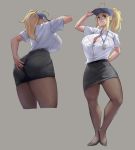  1girl ahoge artoria_pendragon_(all) ass back bangs baseball_cap black_skirt blonde_hair blue_headwear blush breasts brown_legwear bursting_breasts cleavage collared_shirt dress_shirt eu03 fate/grand_order fate_(series) hair_between_eyes hair_through_headwear hat highres huge_breasts long_hair looking_at_viewer multiple_views mysterious_heroine_xx_(foreigner) pantyhose pencil_skirt ponytail shirt short_sleeves skirt smile thighs white_shirt 